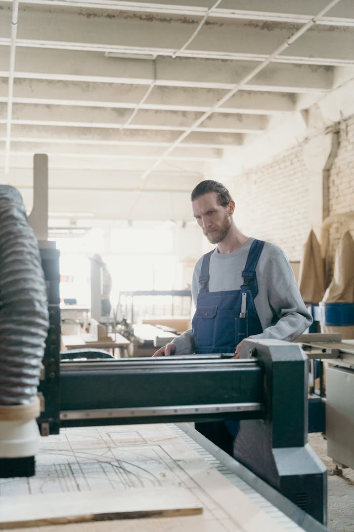 A skilled carpenter in overalls operates machinery in a bright, sunlit workshop, focusing on woodwork.